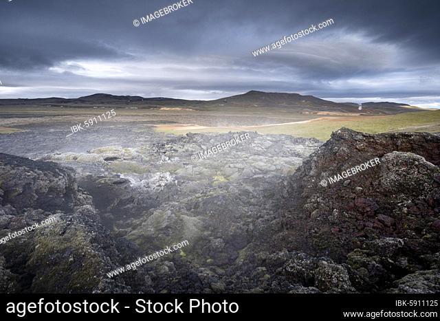 Black solidified lava in green plain with steam, Leihrnjukur in the Krafla, Krafla lava field, Skútustaðir, Norðurland eystra, Iceland, Europe