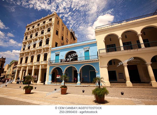 Colonial buildings with balconies at the Plaza Vieja- Old Havana, La Habana, Cuba, West Indies, Central America