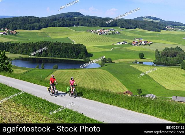 Couple with electric bikes at Buchberg with view of Lake Grossegelsee, Mattsee, Schleedorf, Salzburger Seenland, Salzburger Land, Austria, Europe