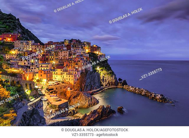 Blue Hour over Italian Riviera's Manarola Cinque Terre Italy World Location