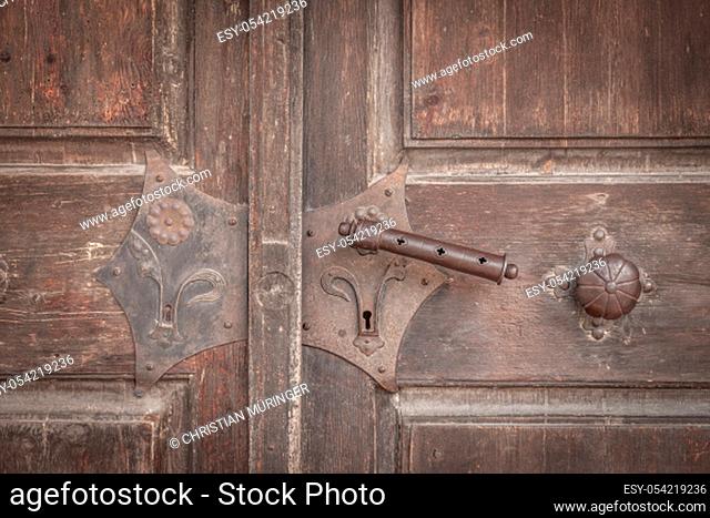 Old church portal at the church of Ahornach above the Tauferer Ahrntal, South Tyrol, Italy