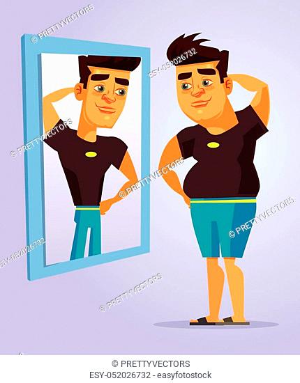 Fat man character pretend to be strong man in mirror. Vector flat cartoon  illustration, Stock Vector, Vector And Low Budget Royalty Free Image. Pic.  ESY-052026732 | agefotostock