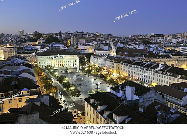 Rossio square or Praça Dom Pedro IV, the heart of the historical centre at twilight. Lisbon, Portugal