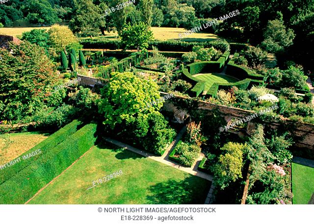 View from above of The White Garden at Sissinghurst Castle. Tunbridge Wells. Kent. UK