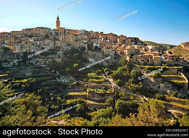 Day time view to the Bocairent village against rocky mountains. Comarca of Vall d'Albaida in Valencian Community, Spain