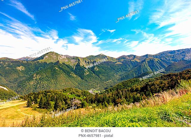 Landscape, view of the slopes and mountains around the ski resort Guzet-snow in summer. Couserans-Pyrenees, Ustou Valley, Ariege, Occitanie, France