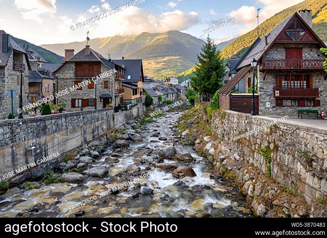 Vielha Mitg Aran village in the Pyrenees in the Aran Valley, Spain. Located on the banks of the river Garonne