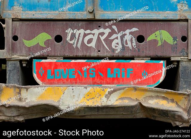 Misspelled truck sign, Love is Life, Sitla Estate, Nainital, Kumaon, Uttarakhand, India, Asia
