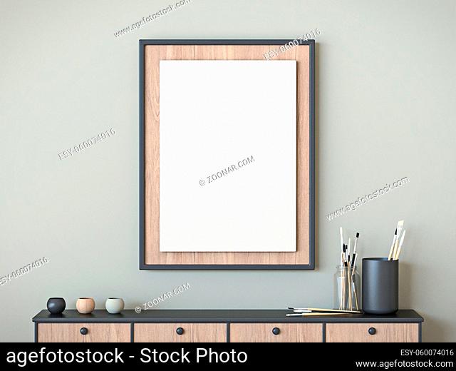 Mock up blank picture frame with art brushes 3D render illustration