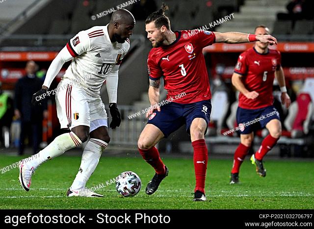 L-R Romelu Lukaku of Belgium and Ondrej Celustka and Vladimir Coufal of Czech in action during the World Cup qualifier group E: Czechia vs Belgium in Prague
