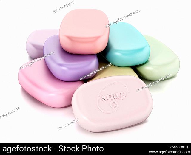 Stack of colorful generic soaps isolated on white background. 3D illustration