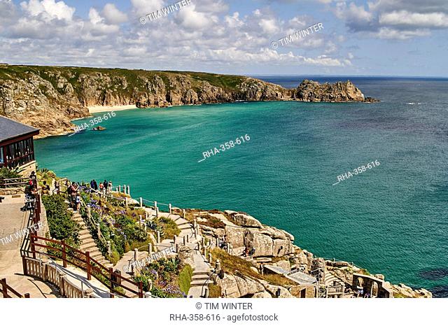 View over the Minack Theatre to Porthcurno beach near Penzance, West Cornwall, England, United Kingdom, Europe