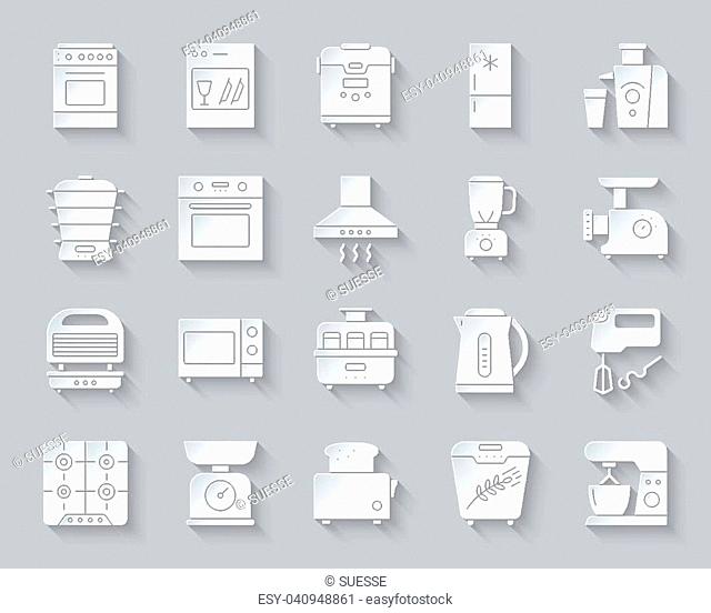 Kitchen Appliance paper cut 3D icons set. Web sign kit of equipment. Electronics pictogram collection includes blender, juicer, shaker