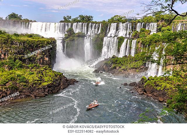 Boats around Iguazu Falls, one of the New Seven Wonders of Nature, Argentina