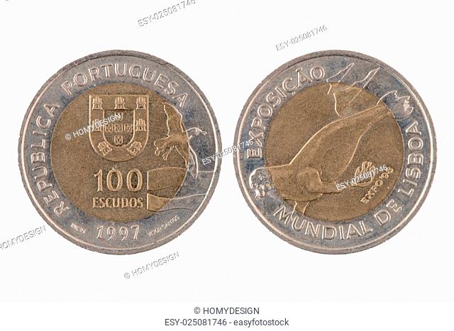 100 escudos Portuguese coin, 1997 isolated on white background