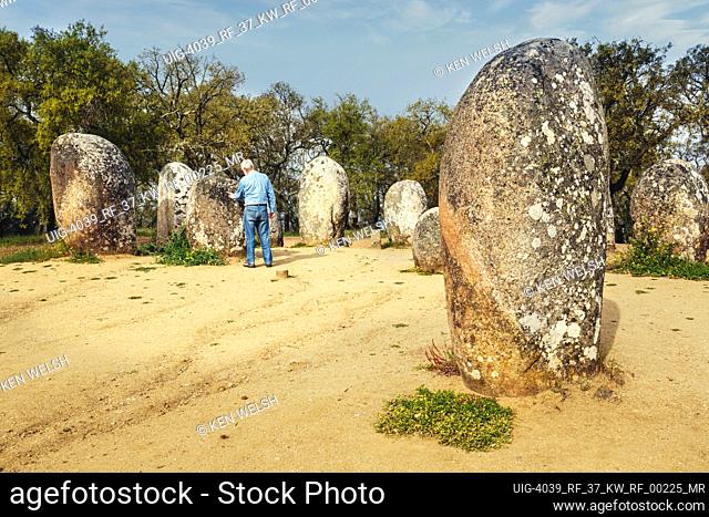 near Evora, Evora District, Alentejo, Portugal. Megalithic site of Cromeleque dos Almendres. A grouping of 95 granite monoliths