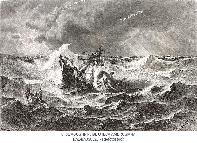 The Amazon battered by a cyclone in the Atlantic, October 10, 1871, drawing by Theodor Alexander Weber (1838-1907) from a sketch by the authors
