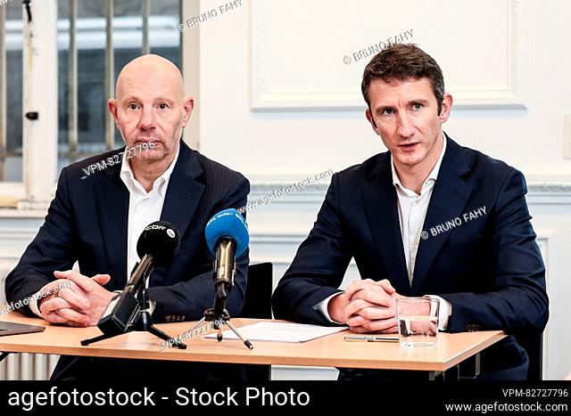 former Walloon parliament clerk Frederic Janssens and Lawyer Pierre Joassart pictured during a press conference of the head clerk of the Walloon parliament