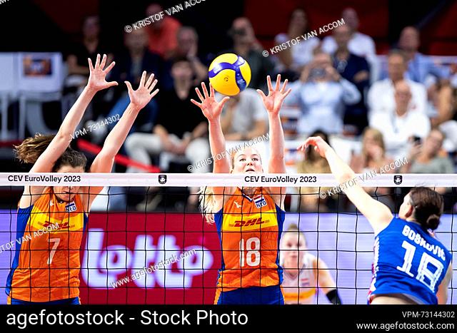 Dutch Juliet Lohuis and Dutch Marrit Jasper pictured in action during a volleyball game between Serbia and The Netherlands, Friday 01 September 2023 in Brussels