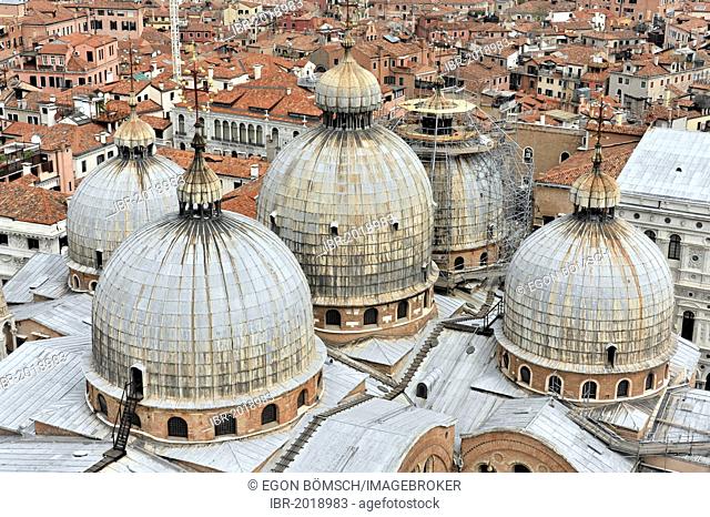 St Mark's Basilica, Basilica di San Marco, domes as seen from Campanile tower, St. Mark's Square, Venice, Veneto region, Italy, Europe