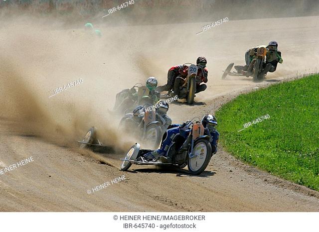Sidecar motorcycles, international motorcycle race on a dirt track speedway in Muehldorf am Inn, Upper Bavaria, Bavaria, Germany, Europe