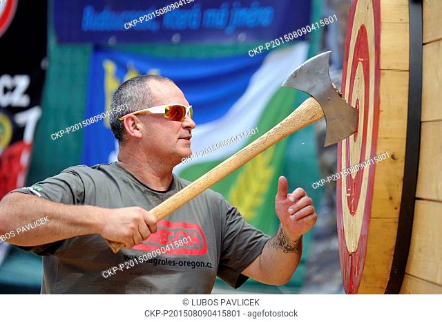 Swedish Manu Reece Tawharu competes in axe throw during the Eurojack European cup in Jihlava, South Moravia, on August 9, 2015