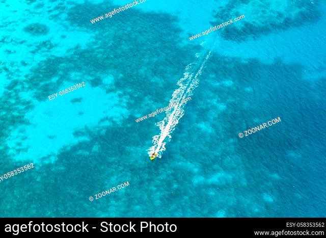 Seychelles boat background ocean sea copyspace aerial photo travel