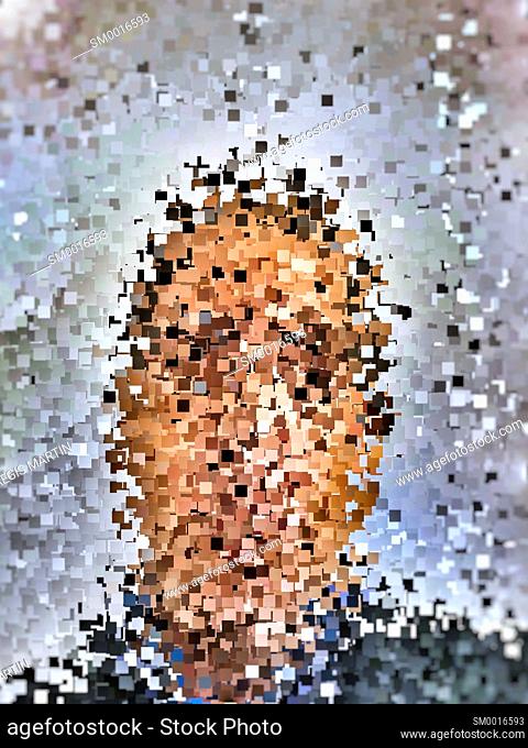 Pixelated mosaic portrait of a man, concept of facial recognition, hacking identity theft or spying