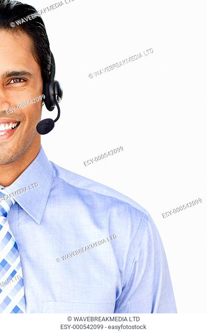 Close-up of a customer service agent with headset on against a white background