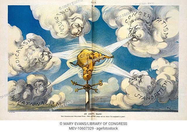 An awful blow. Illustration shows a weather vane with an elephant labeled GOP. being blown in all directions by clouds labeled New Nationalism, Radicalism