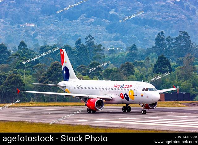 Medellin, Colombia ? January 27, 2019: Vivaair Airbus A320 airplane at Medellin airport (MDE) in Colombia