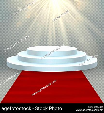 Transparent realistic effect. Red carpet and round podium with lights for event or award ceremony. EPS 10 vector file