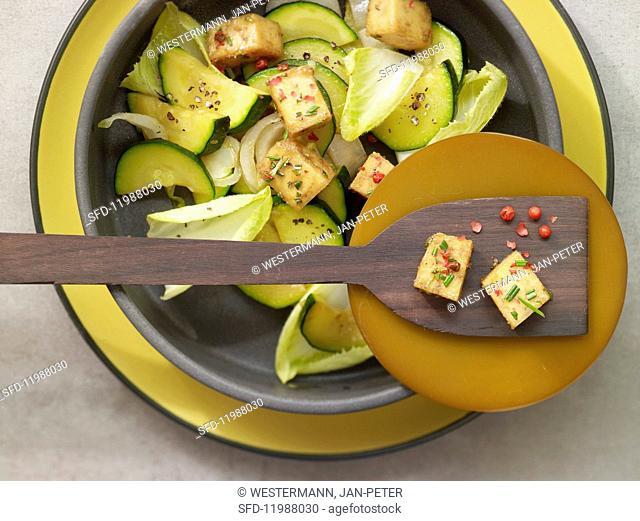 Caramelised tofu with chicory and courgette