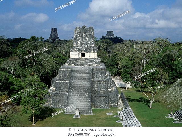 Temple II or Temple of the Masks or Pyramid of the Moon, 8th-9th century, archaeological site of Tikal, Tikal National Park (Unesco World Heritage List, 1979)