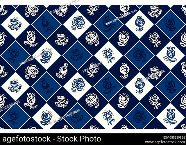 Plaid and flower classic folk style seamless pattern for background, wrap, fabric, textile, wrap, surface, web and print design