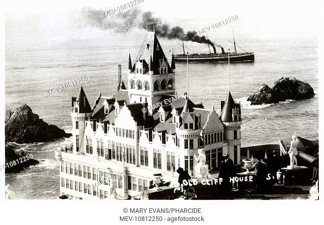 Old Cliff House and Seal Rocks, San Francisco, California, USA. This was the second Cliff House on the site, destroyed by fire in 1907