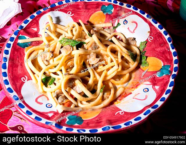 Scialatielli pasta with seafood mix on the plate