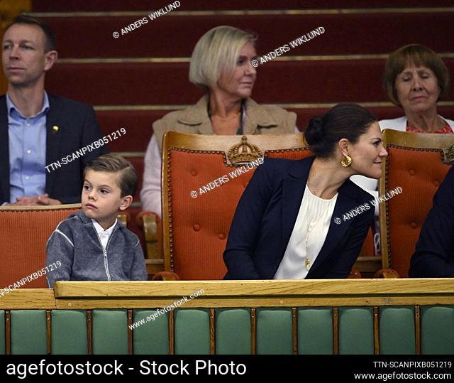 Crown Princess Victoria, Prince Oscar, in the audience during the tennis match between Sweden's Mikael Ymer and France's Quentin Halys during the Stockholm Open...