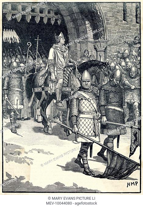 Odo of Bayeux, unable to regain power, conspires against William II and is exiled from England : the illustration shows him leaving Rochester Castle, Kent