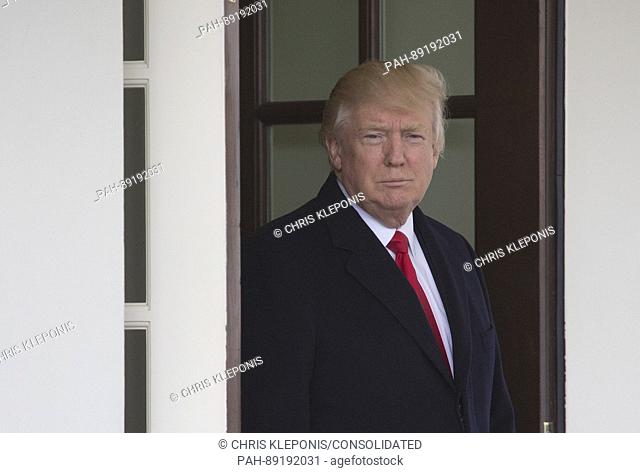 United States President Donald J. Trump awaits the arrival of Prime Minister Haider al-Abadi of Iraq at the White House in Washington DC March 20, 2017