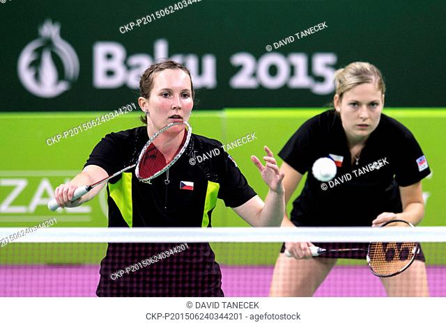 Czech players Katerina Tomalova (right) and Sarka Krizkova competes in badminton women's doubles group C match at the Baku 2015 1st European Games in Baku