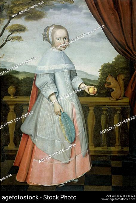 Portrait of Elisabeth van Oosten (1660-1714), as a Child, as a child. Standing, full-length, in front of a balustrade. In the right hand a feather