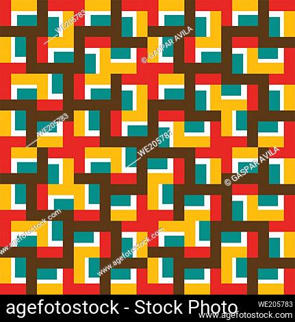 Geometric pattern with colorful squares and maze-like structure