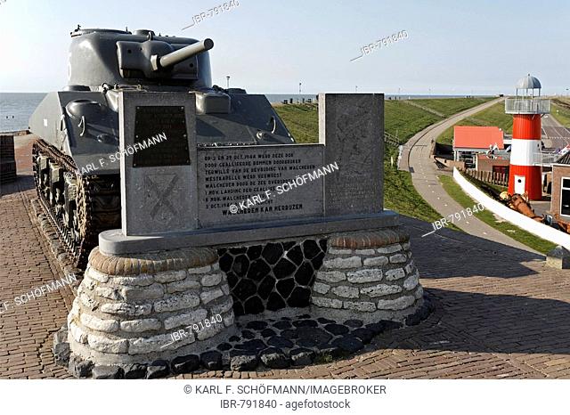 Sherman tank on a dyke near Westkapelle, memorial to the liberation of Walcheren by Allied troops during WWII, Zeeland, Netherlands, Europe