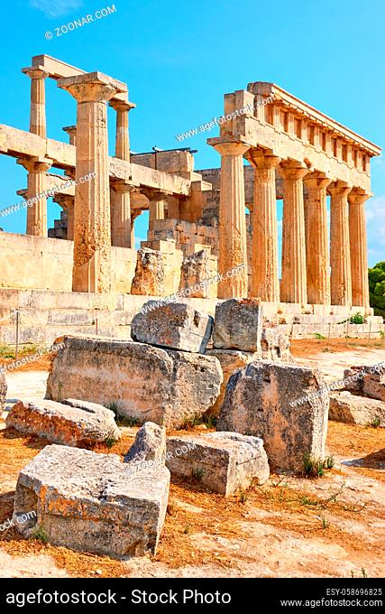 Ancient ruins of temple of Aphaea in Aegina Island in Greece, Saronic Islands