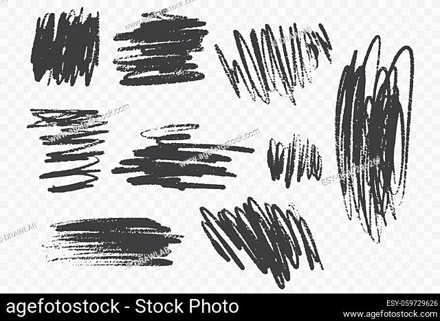 Charcoal pencil scribble vector illustrations set. Messy childish drawings, monochrome scrawl pack. Chaotic black zigzag lines isolated on transparent...