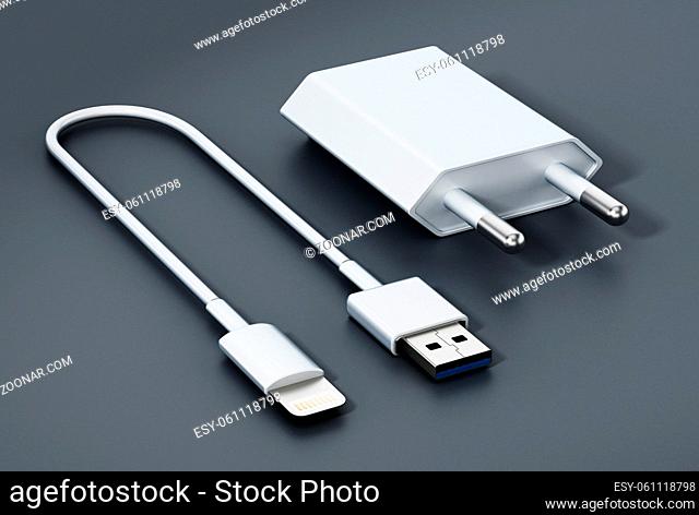 Smartphone charge and data cable isolated on black background. 3D illustration