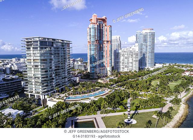 Florida, Miami Beach, South Pointe Park, aerial overhead bird's eye view above, Apogee Condominium, Portofino, Continuum South Beach