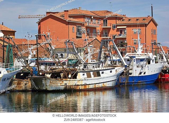 Fishing boats in harbour, Chioggia, Venetian Lagoon, Veneto, Italy, Europe