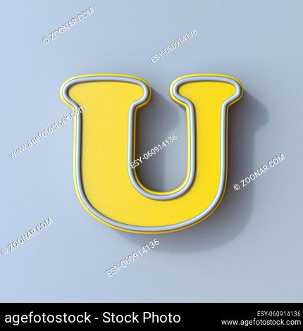 Yellow cartoon font Letter U 3D render illustration isolated on gray background